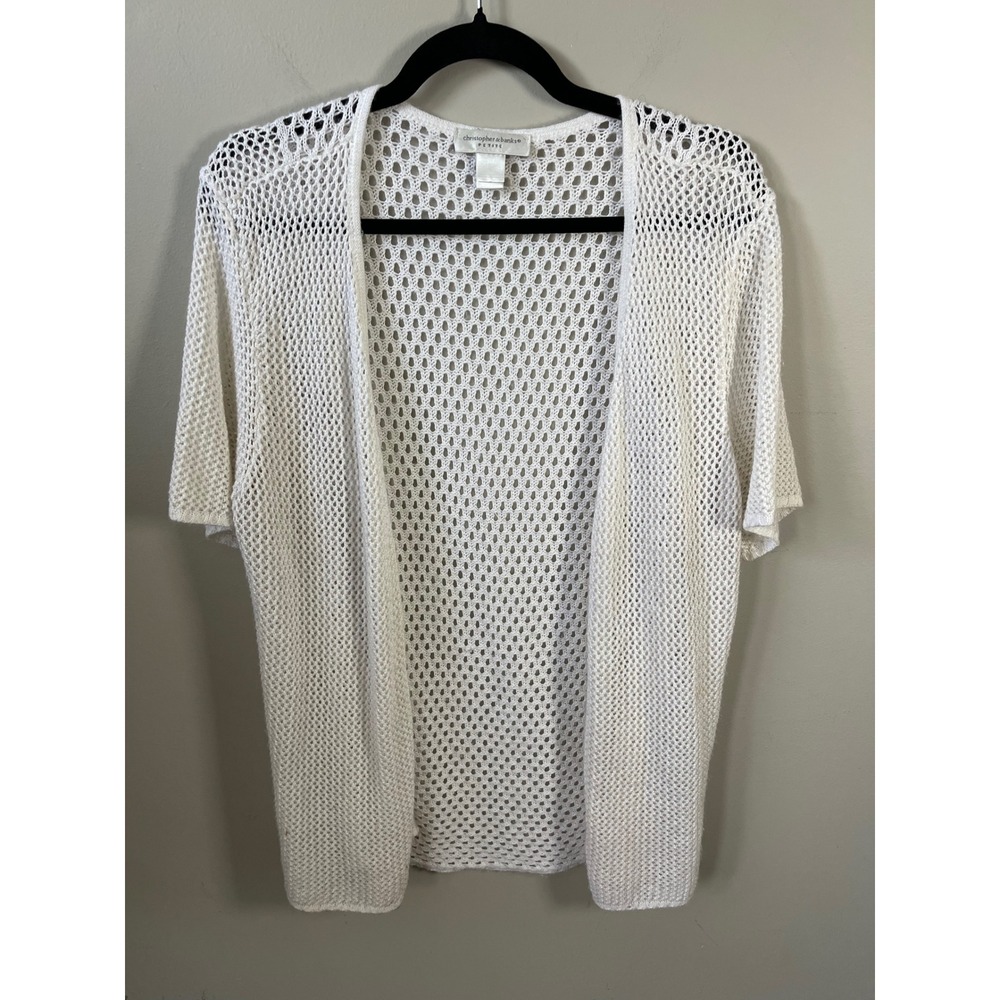 Christopher & Banks Petite White Open Knit Cardigan Short Sleeve Crochet Mesh L
